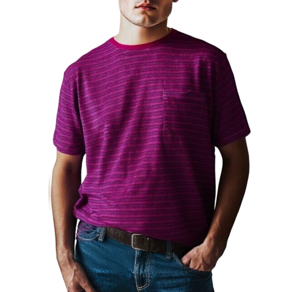 Patagonia Men’s 100% Organic Cotton Red Gray Blue Striped T-Shirt with Pocket XL